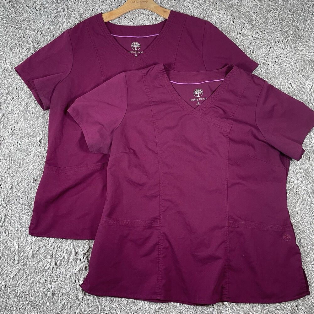 Healing Hands Scrub Top Bundle Of Two Women’s Size 2X Purple Medical Nurse Work